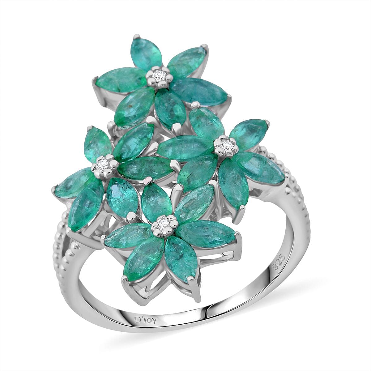 Premium Kagem Zambian Emerald, White Zircon Floral Ring in Rhodium Over Sterling Silver (Size 11.0) 3.40 ctw