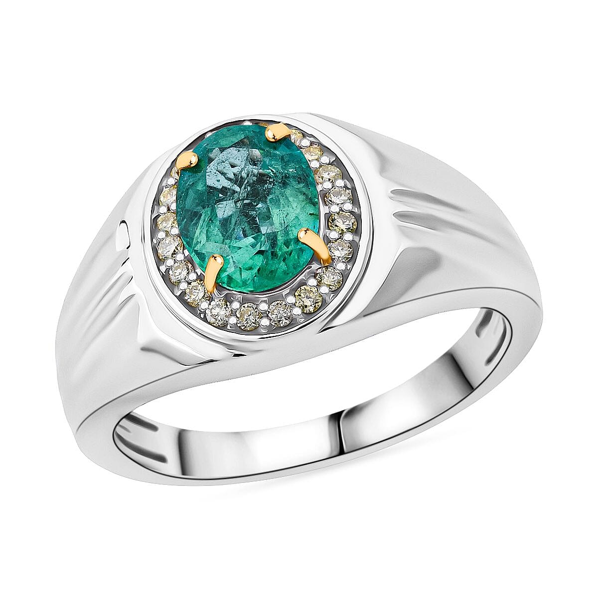 Luxoro 10K White Gold AAA Kagem Zambian Emerald, Natural Yellow Diamond (I2) Mens Ring (Size 10.0) 2.00 ctw