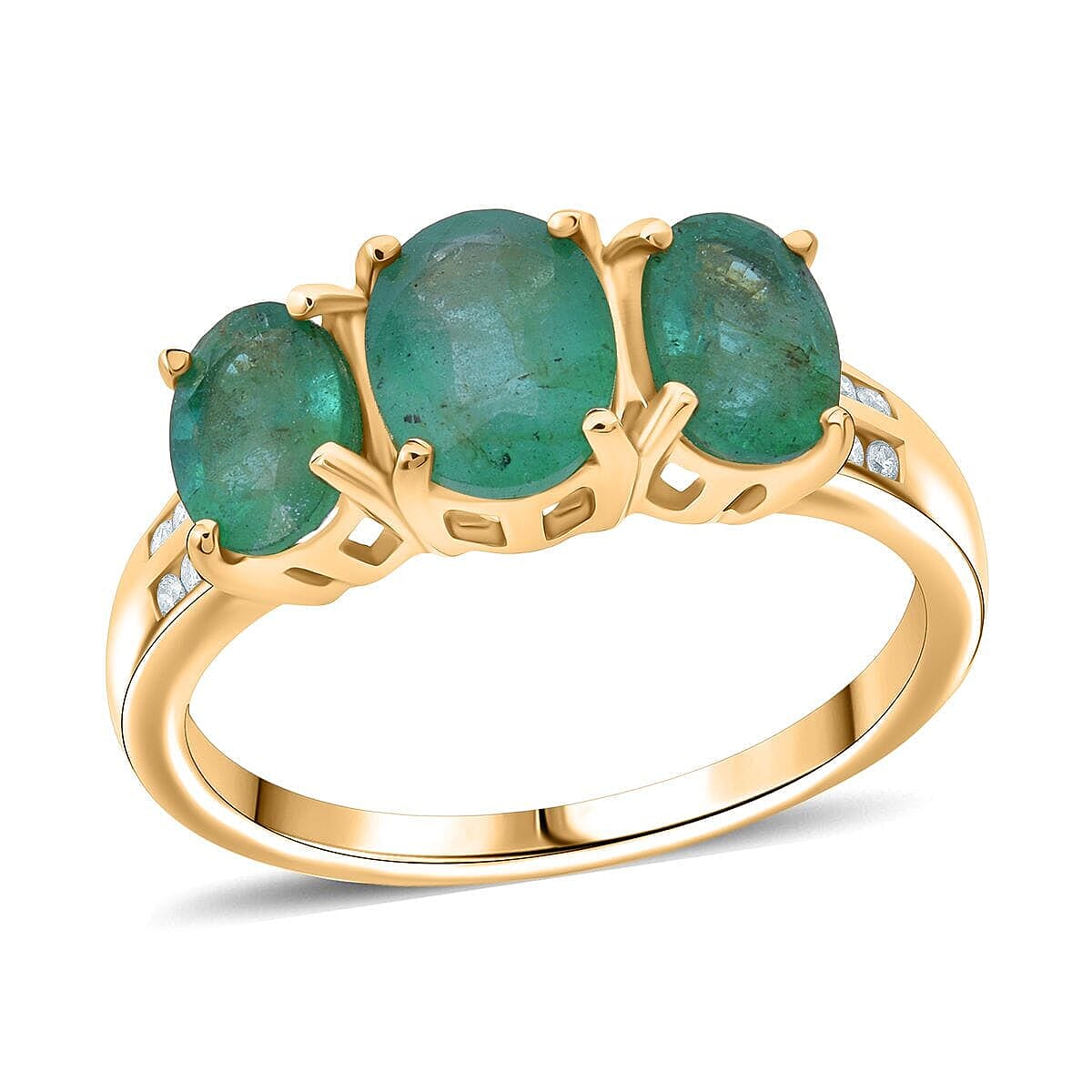 Luxoro AAA Kagem Zambian Emerald and G-H I2 Diamond 2.90 ctw Trilogy Ring in 10K Yellow Gold (Size 10.0)