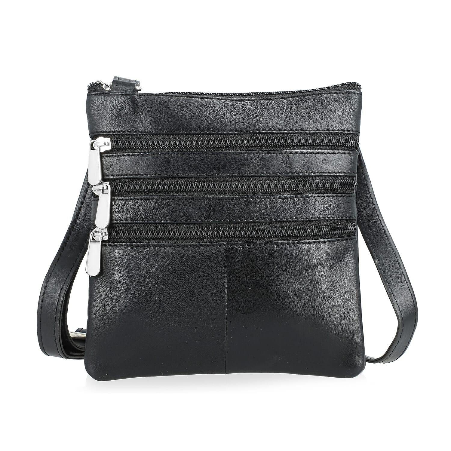 Tamsy Black Genuine Leather Crossbody Bag with 3 Front Zippers (7"X7")