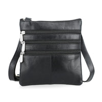 Tamsy Black Genuine Leather Crossbody Bag with 3 Front Zippers (7"X7")