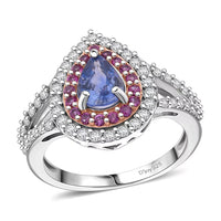 Premium Ceylon Blue Sapphire, Multi Gemstone Ring in RG and Rhodium Over Sterling Silver (Size 10.0) 1.40 ctw