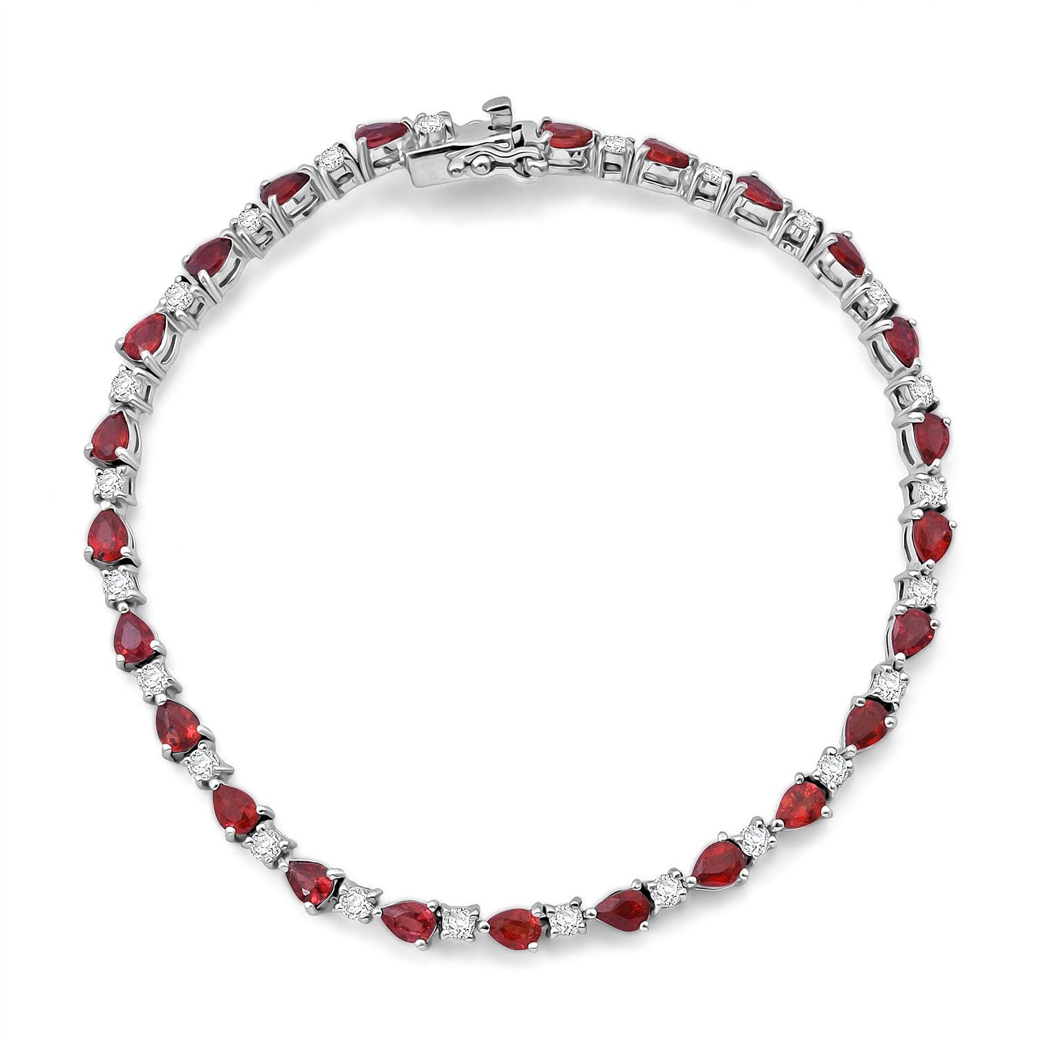 Red Sapphire, Moissanite Bracelet in Rhodium Over Sterling Silver (6.50 In) 5.60 ctw