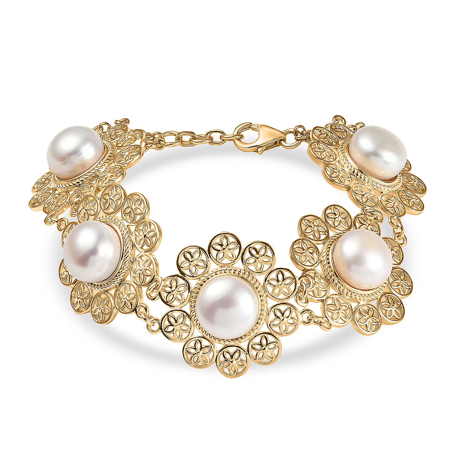 D'Joy Freshwater Pearl Floral Bracelet in 18K Vermeil Yellow Gold Over Sterling Silver (7.25 In)