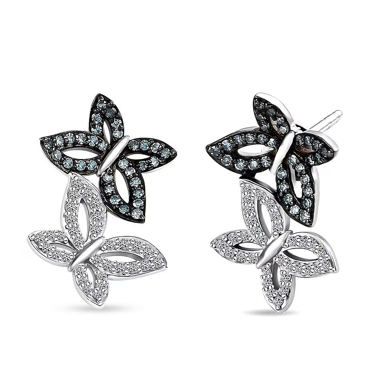 Luxuriant Lab Grown Blue Diamond (IR) and Lab Grown White Diamond SI 0.50 ctw Butterfly Stud Earrings in Rhodium Over Sterling Silver