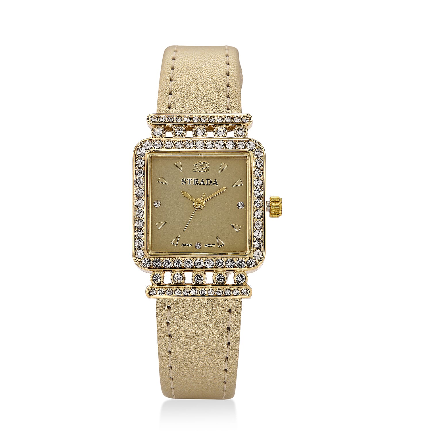 Strada Austrian Crystal Japanese Movement Watch with Black Faux Leather Strap