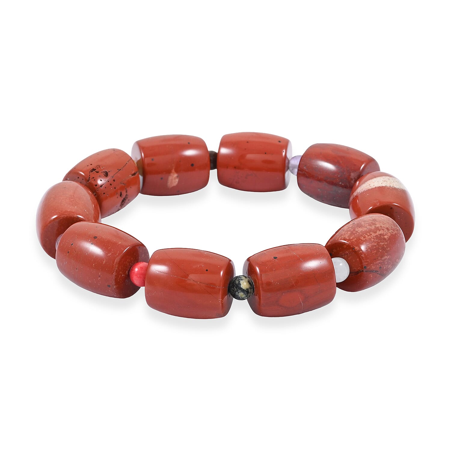 Red Jasper and Multi Gemstone 191.00 ctw Barrel and Round Plain 12x14mm Stretch Bracelet (6-7In)