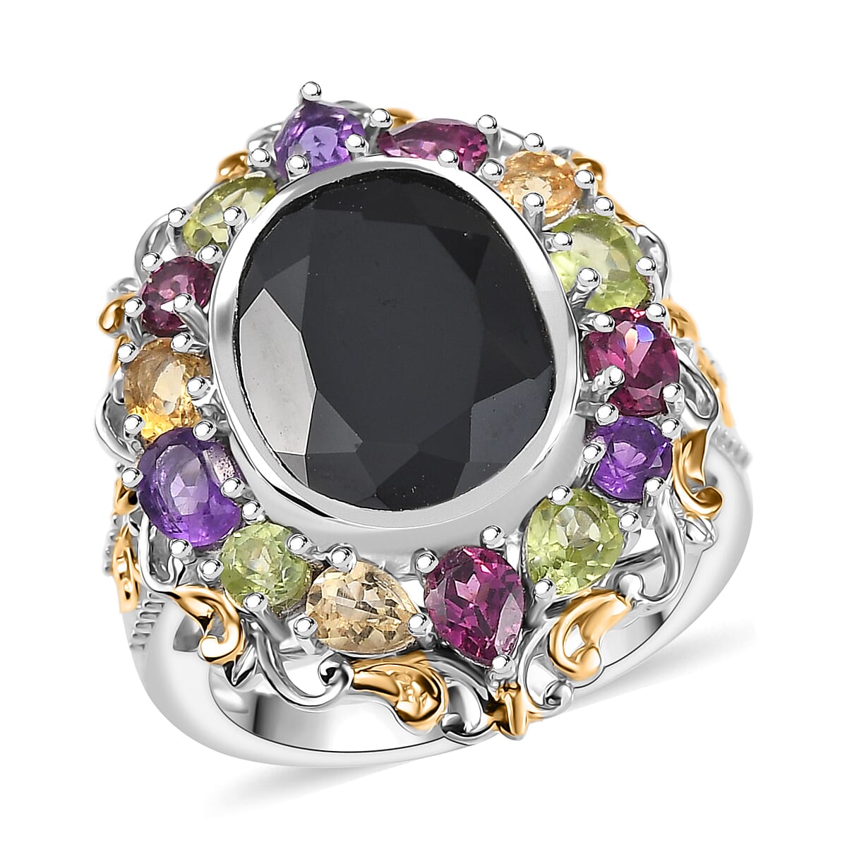 Thai Black Spinel, Multi Gemstone Cluster Ring in 18K YG Plated and Platinum Bond (Size 7.0) 6.85 ctw