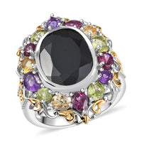 Thai Black Spinel, Multi Gemstone Cluster Ring in 18K YG Plated and Platinum Bond (Size 7.0) 6.85 ctw