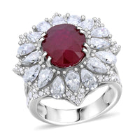 Niassa Ruby (FF) and Moissanite 8.65 ctw Floral Ring in Rhodium Over Sterling Silver