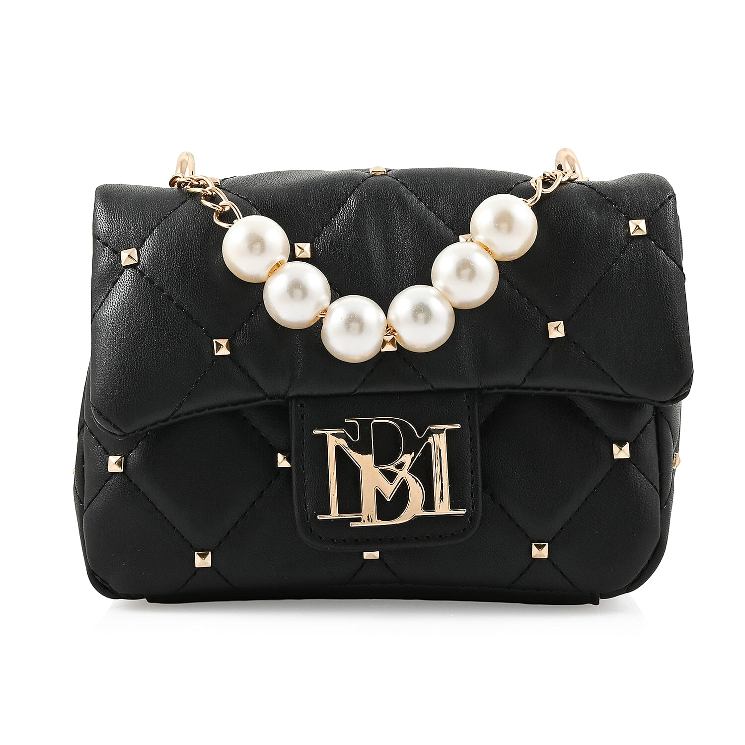 Badgley Mischka Black Quilted Vegan Leather Pearl Crossbody Bag (8x5.5x4.8") Black