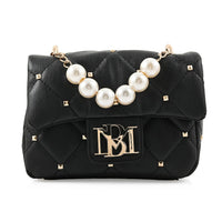 Badgley Mischka Black Quilted Vegan Leather Pearl Crossbody Bag (8x5.5x4.8") Black