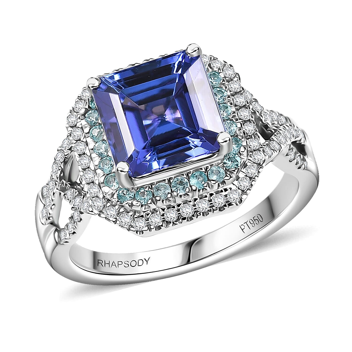Rhapsody 950 Platinum AAAA Tanzanite, Paraiba Tourmaline and Diamond (E-F, VS) Ring (Size 6) 3.30 ctw