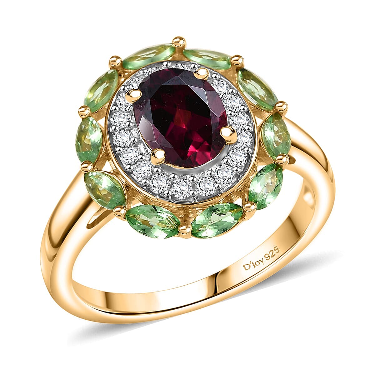 D'Joy AAA Radiant Ember Garnet, Multi Gemstone Crimson Garden Ring in 18K Vermeil YG Over Sterling Silver (Size 10.0)