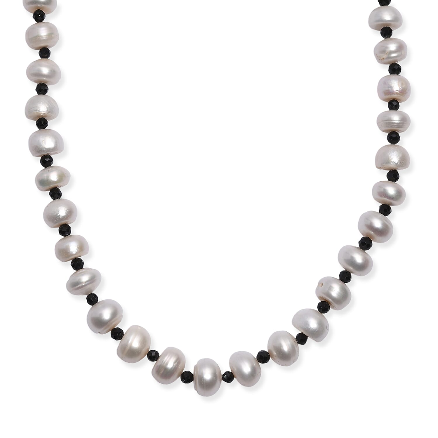 White Freshwater Pearl and Thai Black Spinel 12 ctw Night and Light Necklace 18 Inches in Rhodium Over Sterling Silver