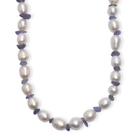 White Freshwater Pearl and Tanzanite 20 Ctw Moon Over Indigo Necklace 18 Inches in Rhodium Over Sterling Silver