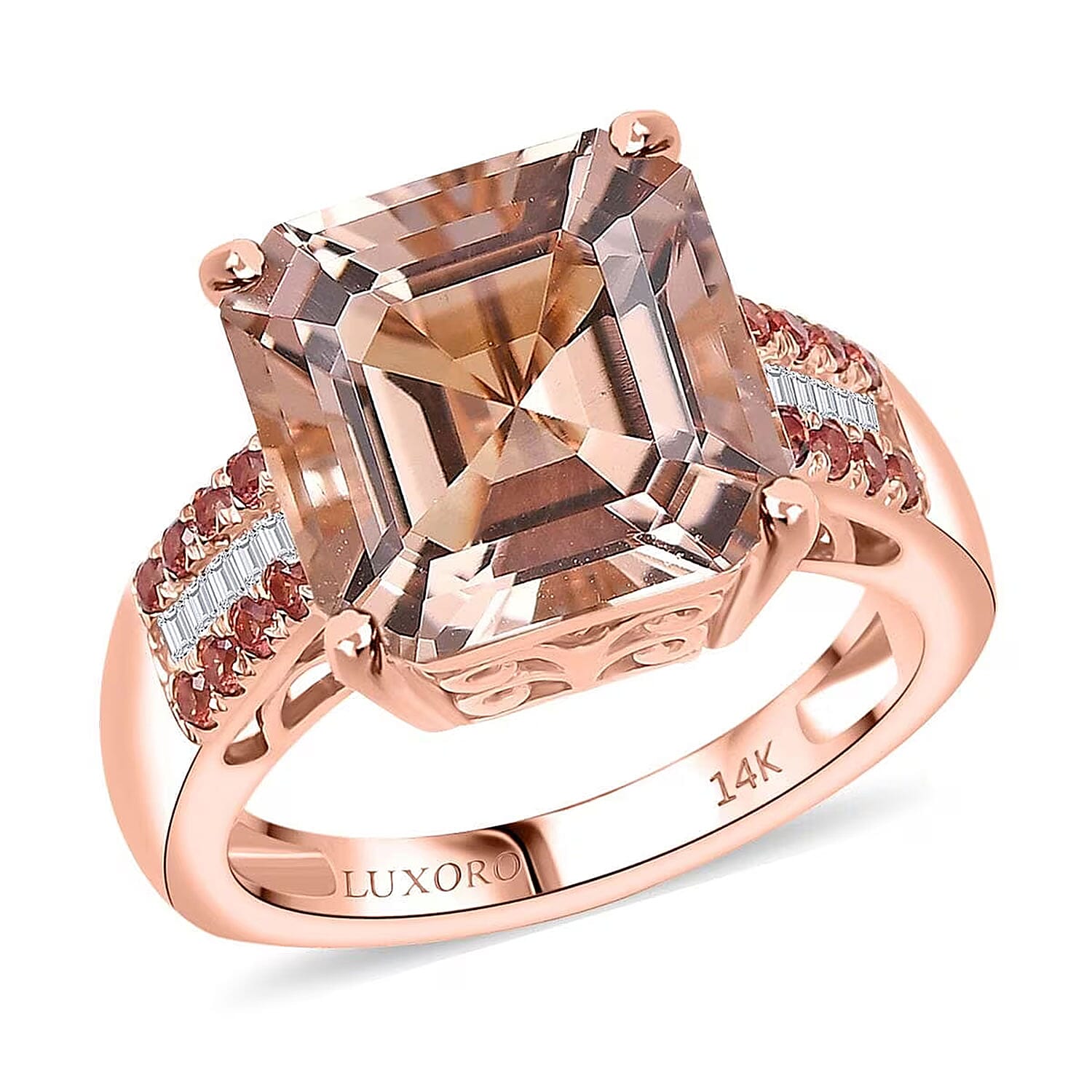 Luxoro 14K Rose Gold Asscher Cut AAA Marropino Morganite, Padparadscha Sapphire and Diamond (I2) Geometric Art-Deco Ring (Size 10.0) 5.40 ctw