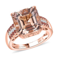 Luxoro 14K Rose Gold Asscher Cut AAA Marropino Morganite, Padparadscha Sapphire and Diamond (I2) Geometric Art-Deco Ring (Size 10.0) 5.40 ctw