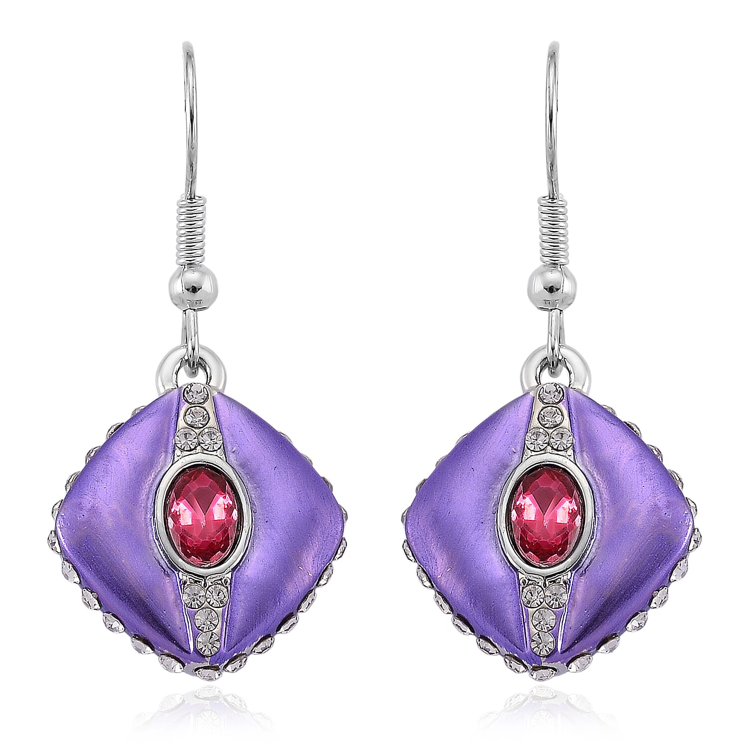 Fuchsia and White Austrian Crystal Drop Earrings in Silvertone