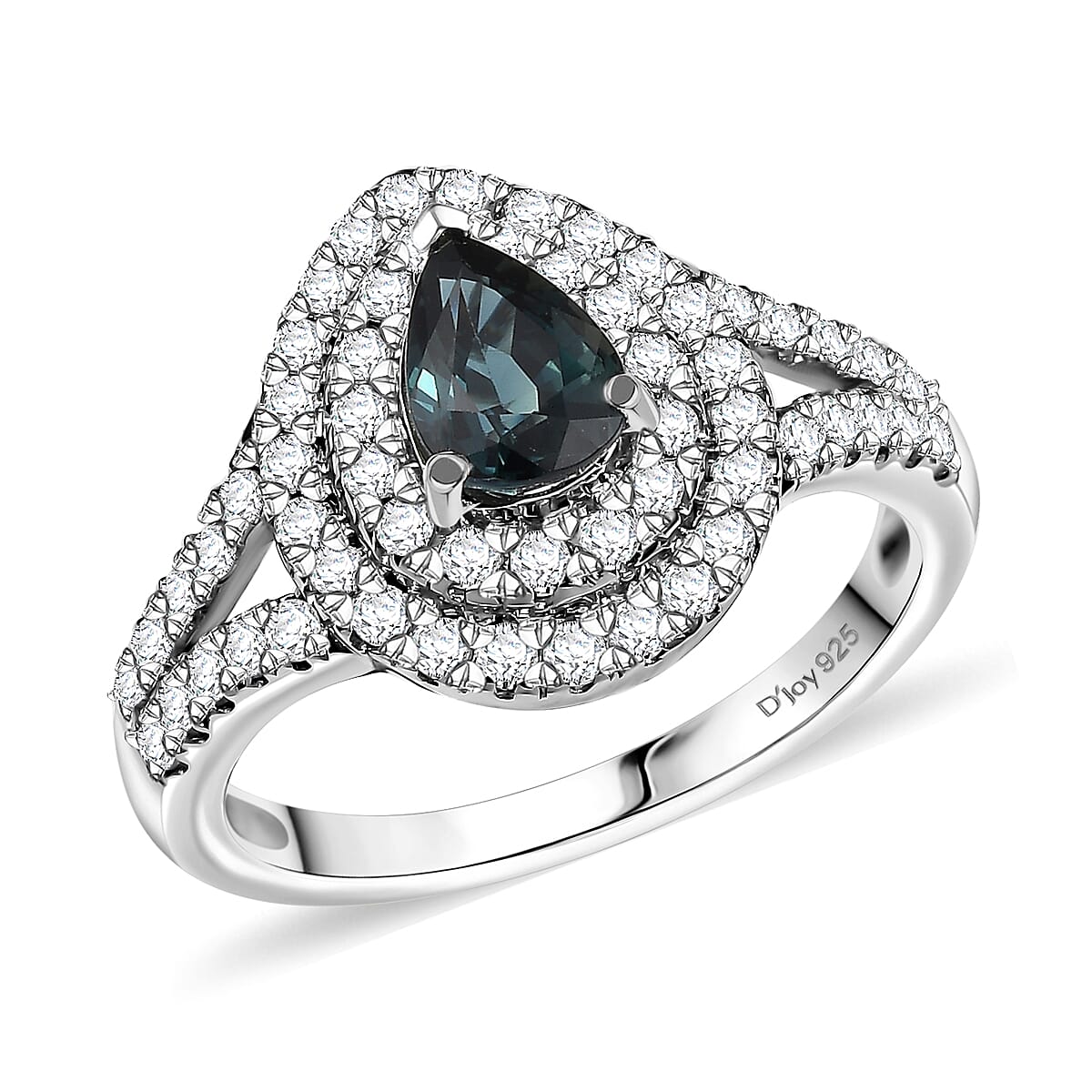 AAA Madagascar Teal Sapphire, Moissanite Ocean Empress Ring in Rhodium Over Sterling Silver (Size 10.0) 1.60 ctw