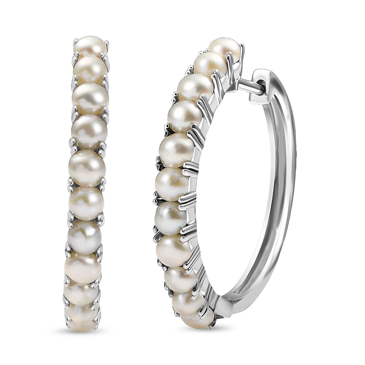 D'Joy Freshwater Pearl Orbit Hoop Earrings in Rhodium Over Sterling Silver