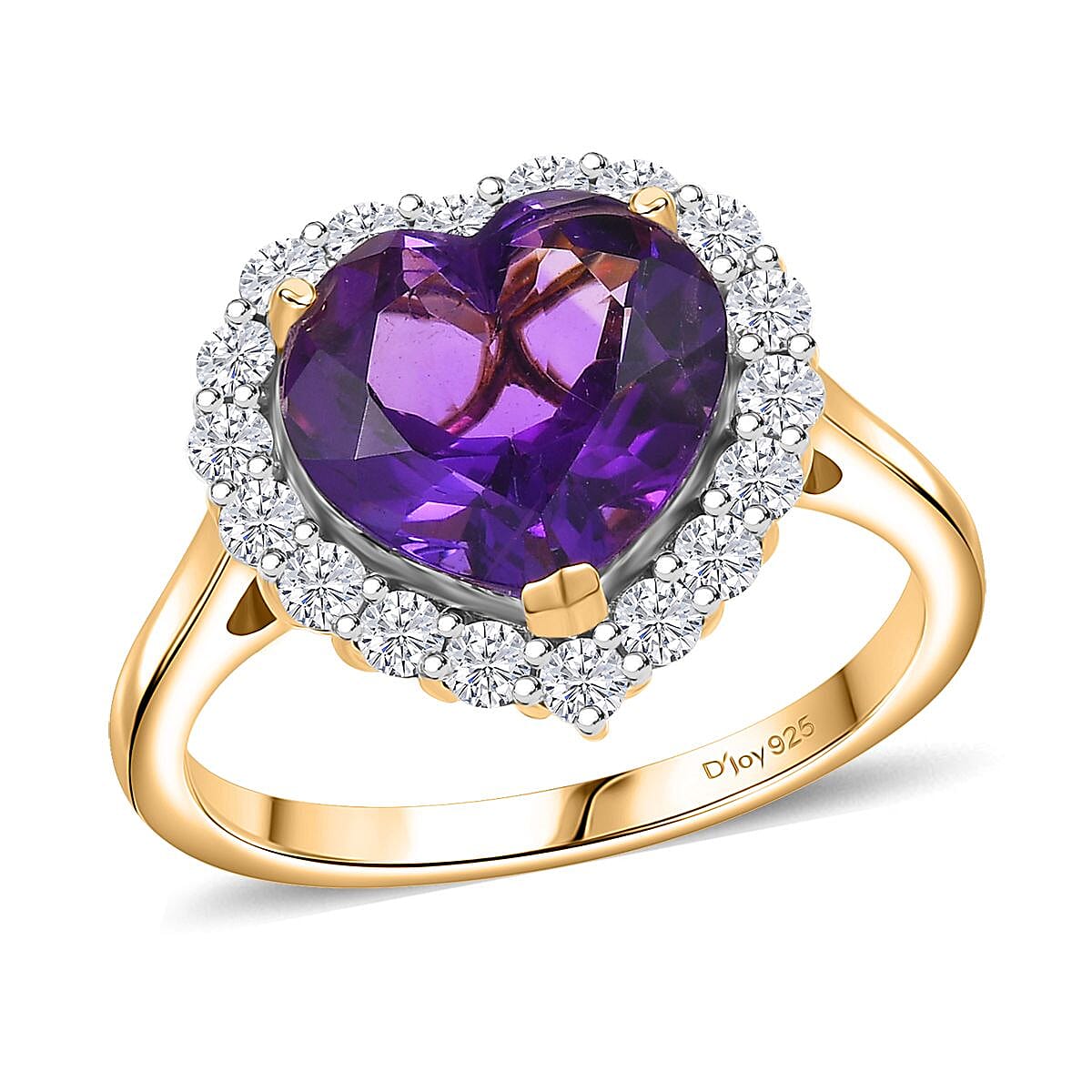 D’Joy AAA Lusaka Amethyst and Moissanite 7.10 ctw Heart Ring in 18K Vermeil Yellow Gold Over Sterling Silver