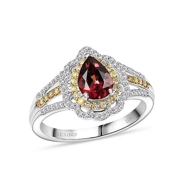 Luxoro AAA Morro Redondo Pink Tourmaline, I2 Natural Yellow and White Diamond 1.70 ctw Water Ripples Ring in 10K White Gold (Size 10.0) 4.60 Grams