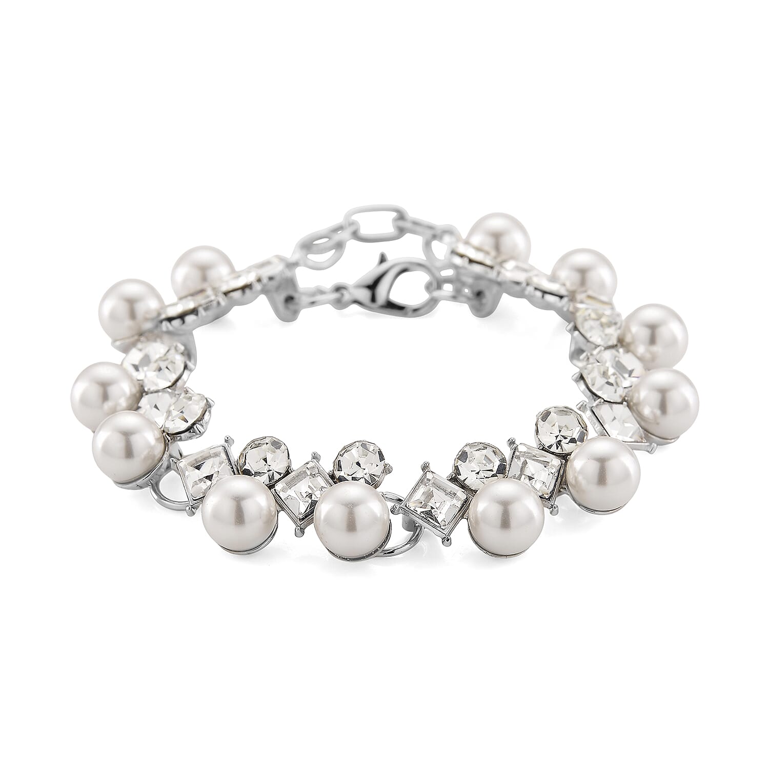TLV White Shell Pearl and Austrian Crystal Bracelet in Silvertone (6.50-8.0In)