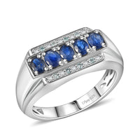 D'Joy Premium Kanchanaburi Blue Sapphire, Paraiba Tourmaline and Diamond 1.40 ctw 5 Elements of Nature Men's Ring in Rhodium Over Sterling Silver