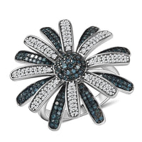 D’Joy White and Blue Diamond 1.25 ctw Midnight Bloom Ring in Rhodium Over Sterling Silver (Size 10.0)