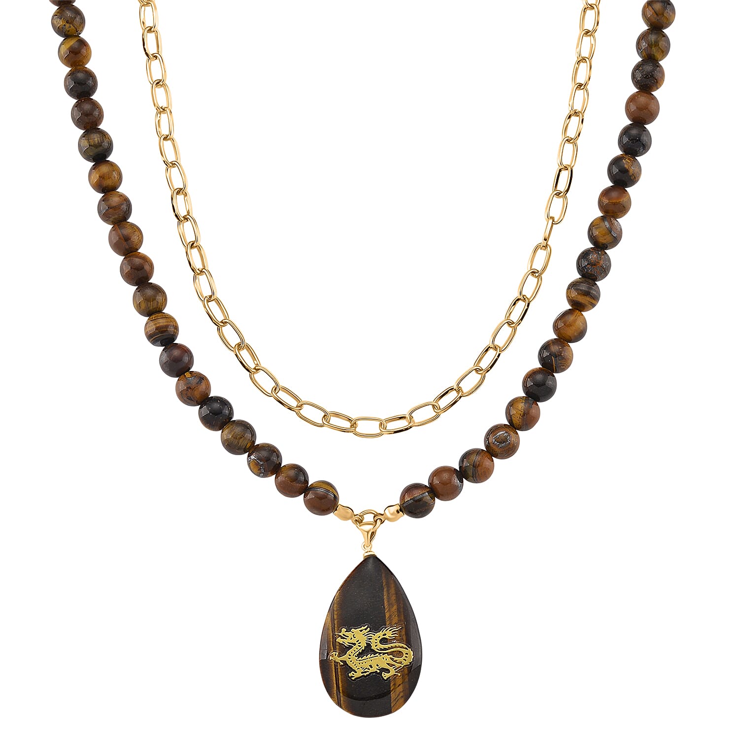 Tigers Eye 250.00 ctw Drop Pendant with Beaded and Paper Clip Chain Necklace 18-20 Inches in Godltone