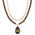 Tigers Eye 250.00 ctw Drop Pendant with Beaded and Paper Clip Chain Necklace 18-20 Inches in Godltone - Sticky add to cart bar