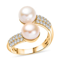 Ever True Peach and White Freshwater Pearl, White Zircon Bypass Ring in 18K YG Plated (Size 10.0)