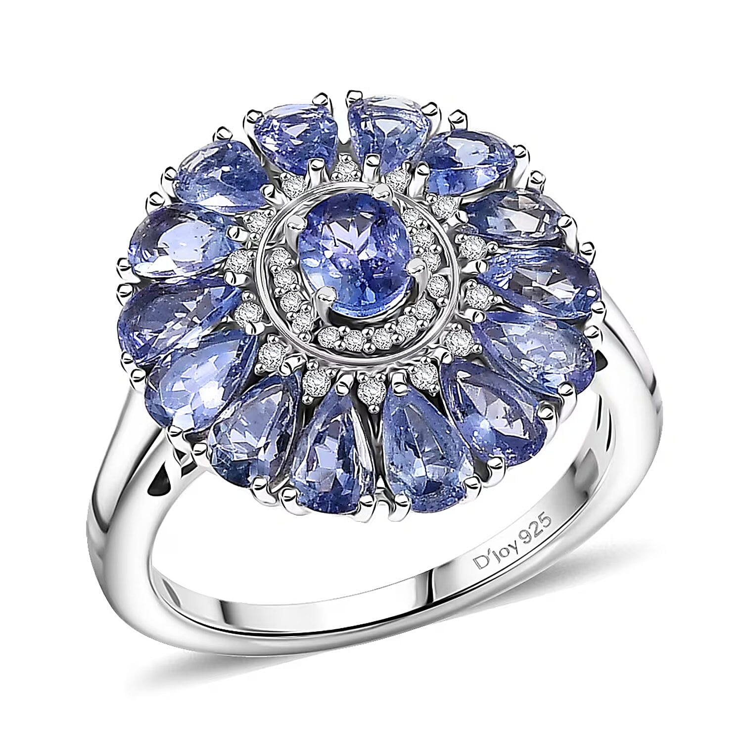D'Joy Tanzanite and White Zircon 3.75 ctw Dahlia Flower Ring in Rhodium Over Sterling Silver (Size 10.0)