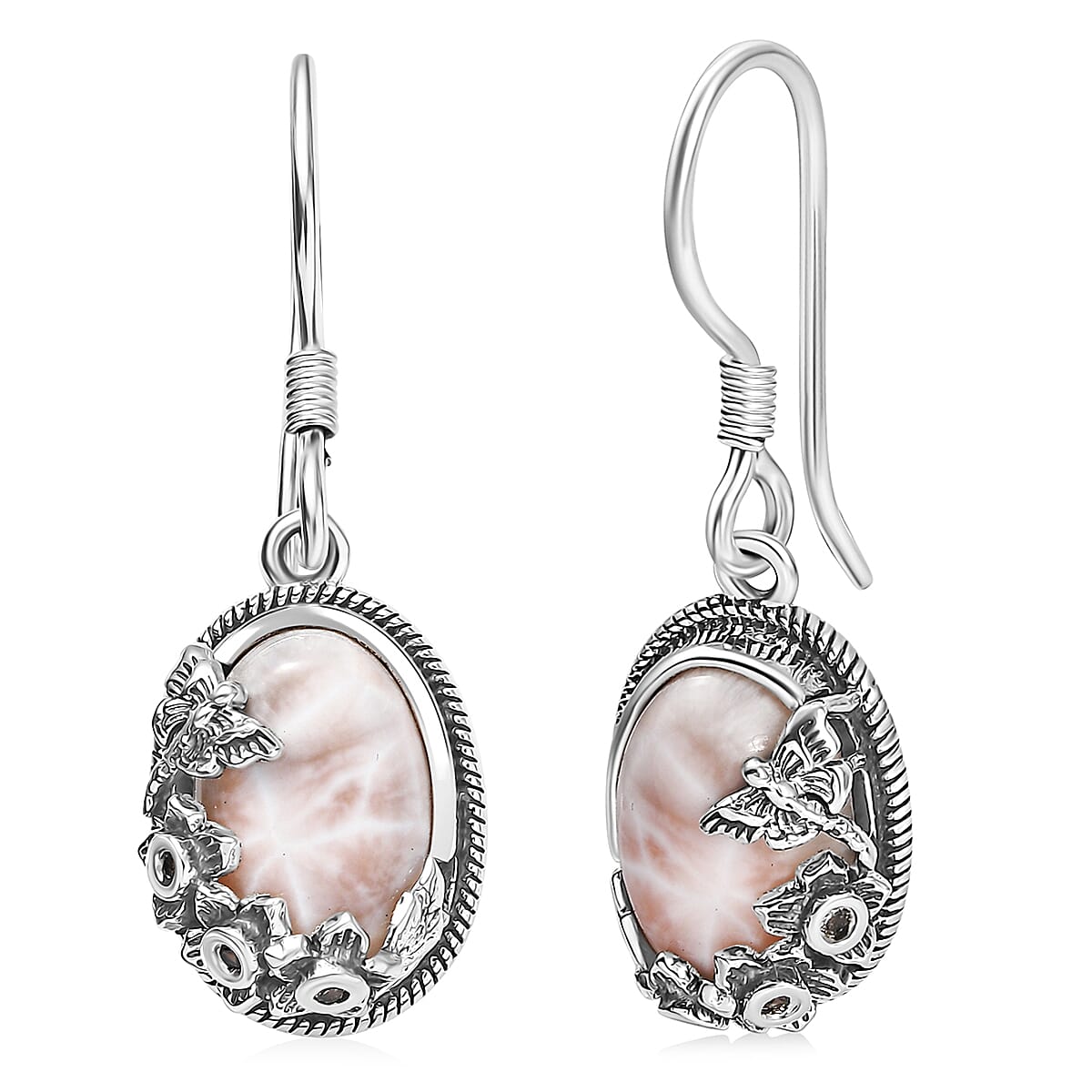 D'Joy Artisan Crafted Pink Natrolite and Natural Champagne Zircon 6.60 ctw Dragonfly with Flower Earrings in Sterling Silver