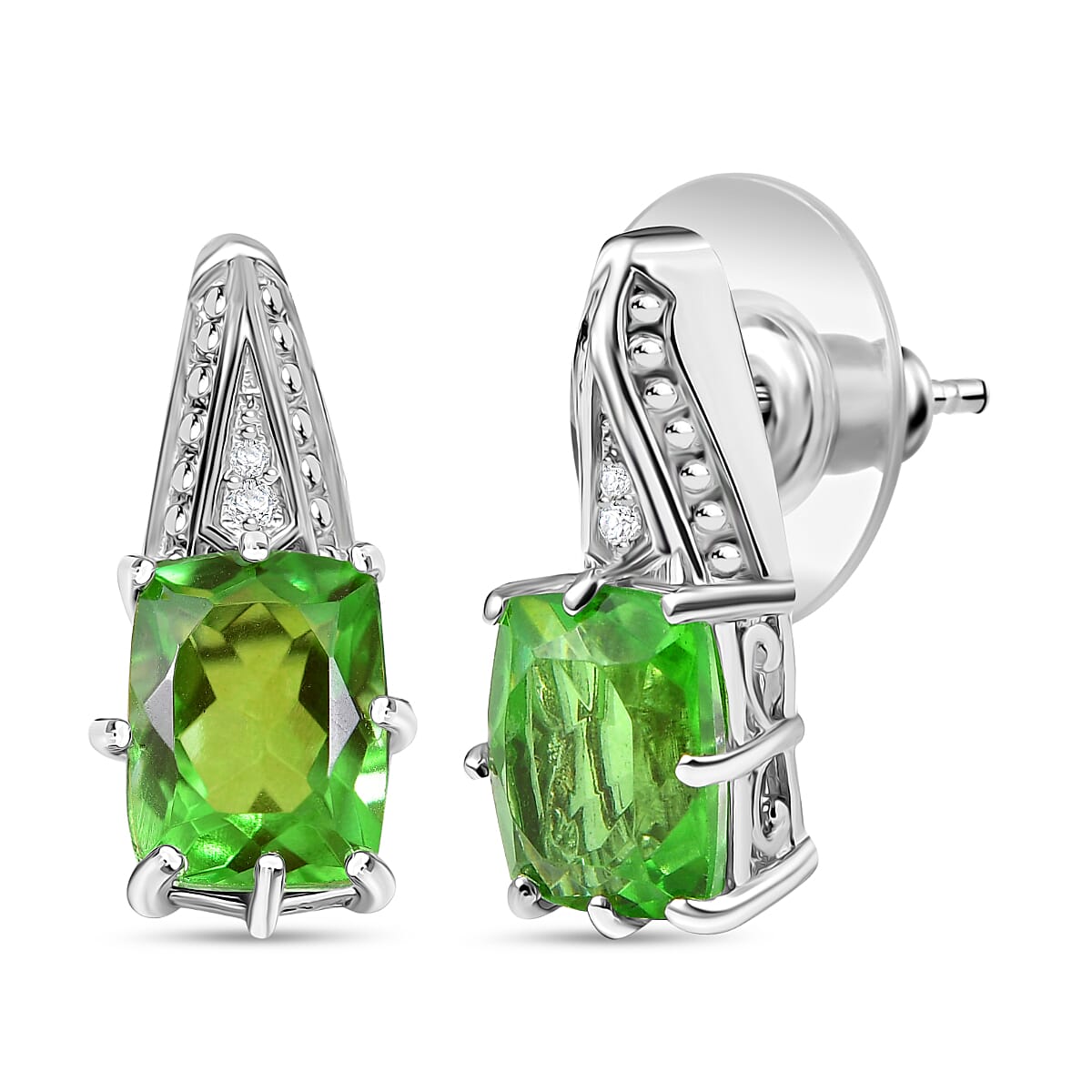 EverTrue Chartreuse Quartz (Triplet) and White Zircon 4.90 ctw Earrings in Platinum Bond