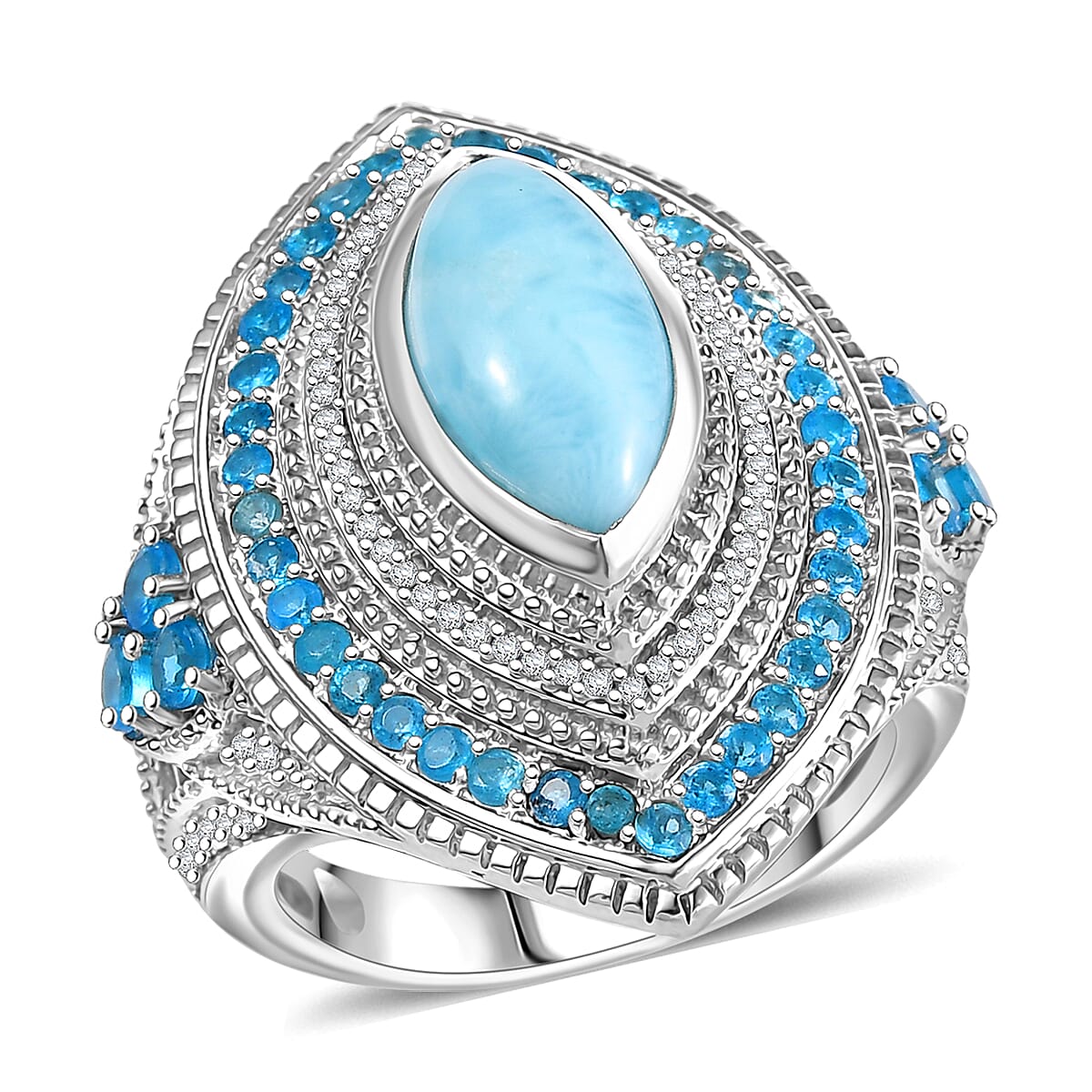 D'Joy Premium Larimar and Multi Gemstone 5.20 ctw Ring in Rhodium Over Sterling Silver (Size 10.0)