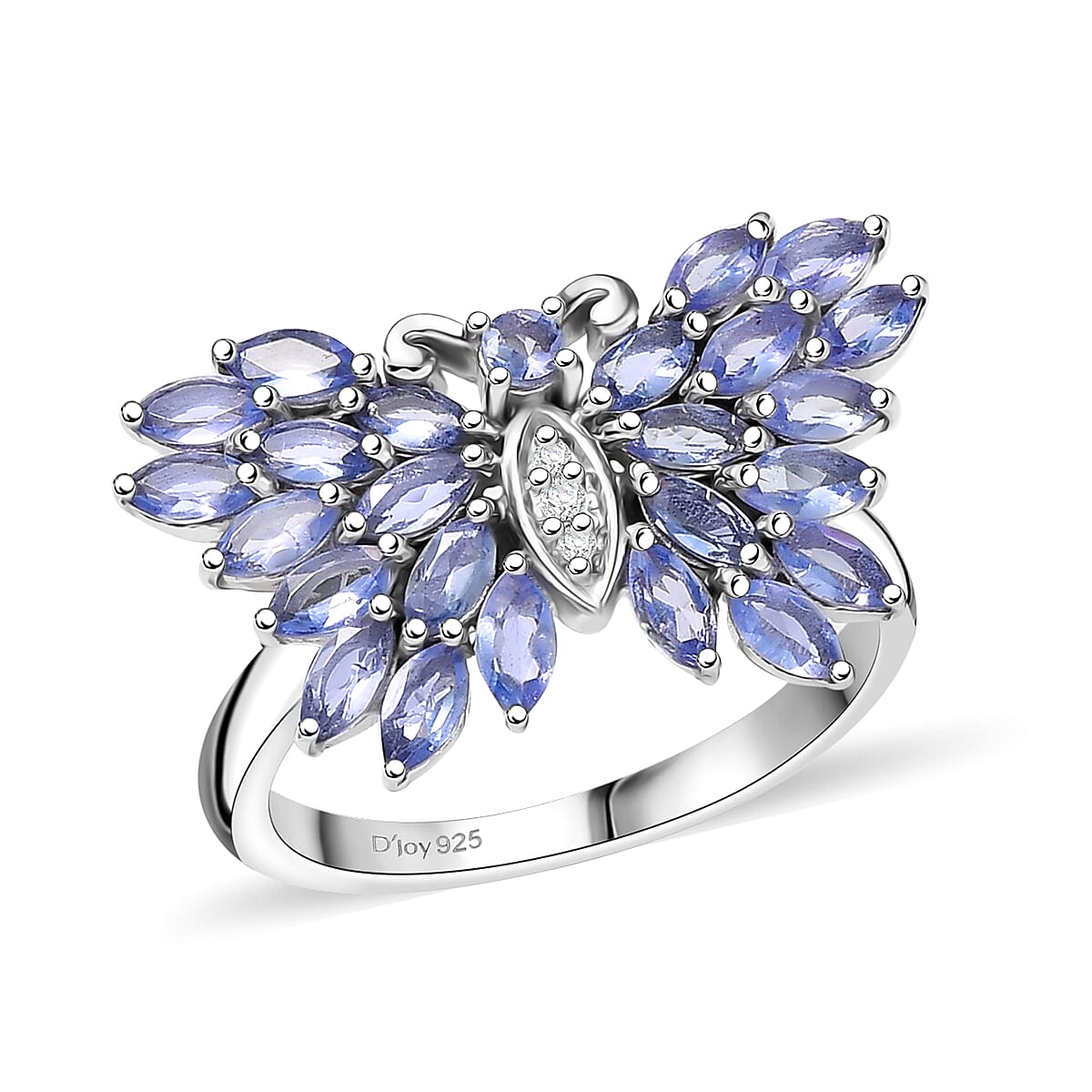 D'Joy Tanzanite and White Zircon 2.10 ctw Butterfly Ring in Rhodium Over Sterling Silver (Size 10.0)