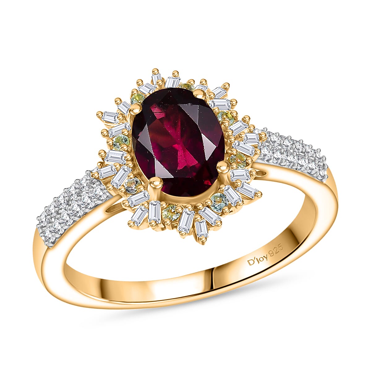 D'Joy AAA Radiant Ember Garnet, Paraiba Tourmaline and Diamond 2.10 ctw Sunray Ring in 18K Vermeil Yellow Gold Over Sterling Silver
