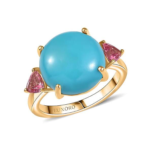 Luxoro Premium Sleeping Beauty Turquoise and Morro Redondo Pink Tourmaline 8.60 ctw Ring in 10K Yellow Gold