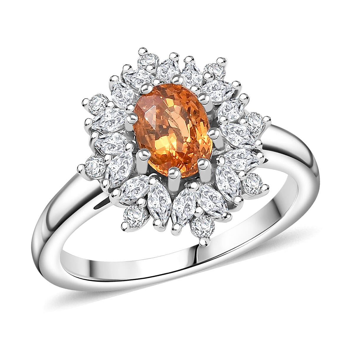 D'Joy Tanzanian Mandarin Garnet and White Zircon 2.10 ctw Ring in Rhodium Over Sterling Silver