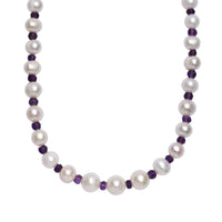 White Freshwater Pearl and African Amethyst 20 ctw Necklace 18 Inches in Rhodium Over Sterling Silver