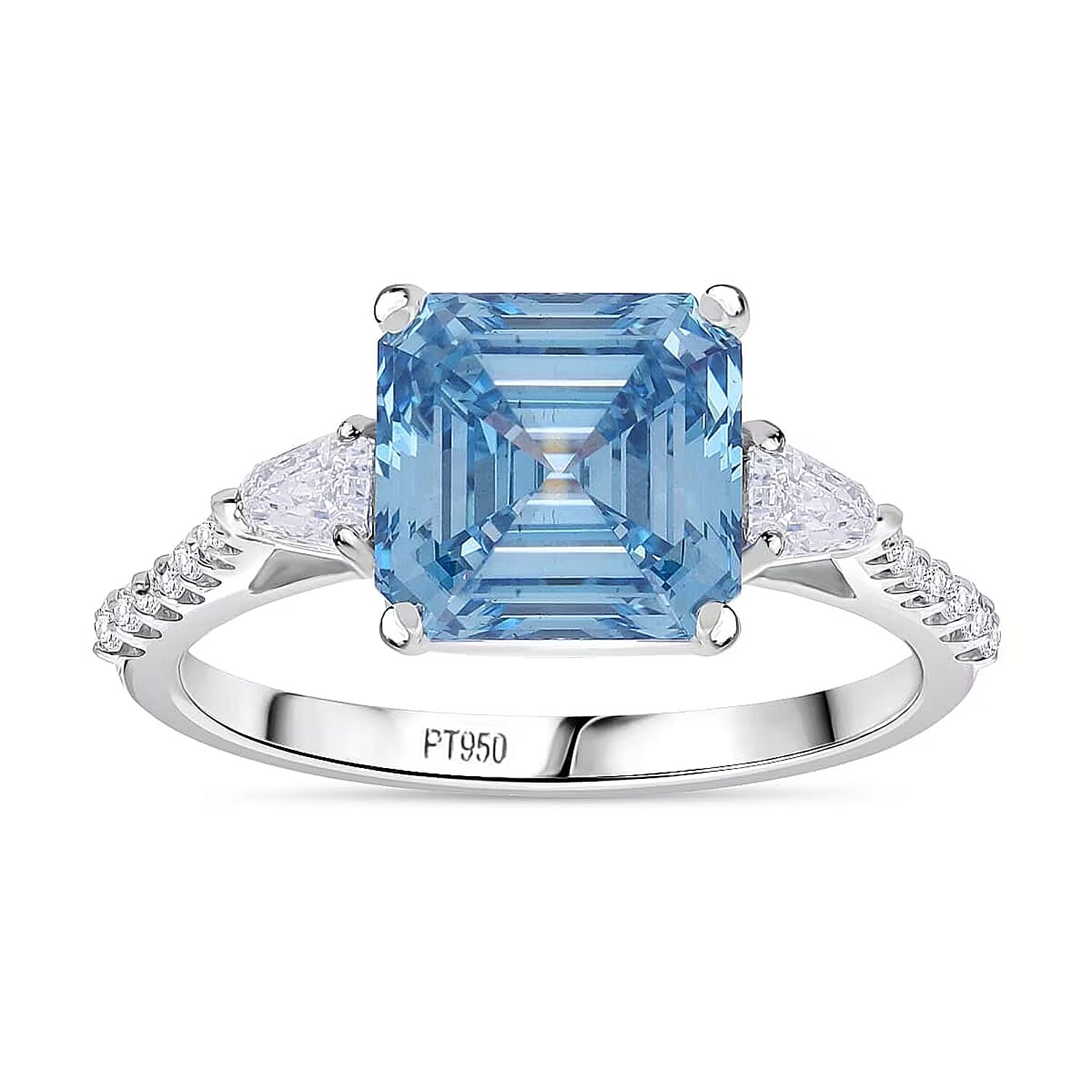 Asscher Cut Luxuriant Lab Grown Blue Diamond VS and Lab Grown Diamond 4.15 ctw Ring in 950 Platinum (Size 6.0) 4.50 Grams