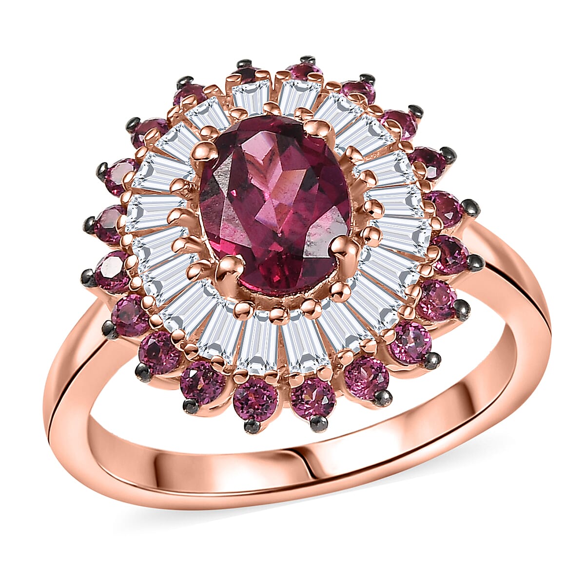 D'Joy Tanzanian Wine Garnet, White Zircon Ring in 18K Vermeil RG Over Sterling Silver (Size 10.0) 3.00 ctw