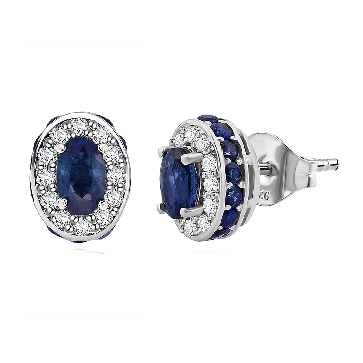 D'Joy Premium Kanchanaburi Blue Sapphire and Moissanite 1.50 ctw Crown Deco Stud Earrings in Rhodium OverSterling Silver