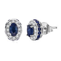 D'Joy Premium Kanchanaburi Blue Sapphire and Moissanite 1.50 ctw Crown Deco Stud Earrings in Rhodium OverSterling Silver
