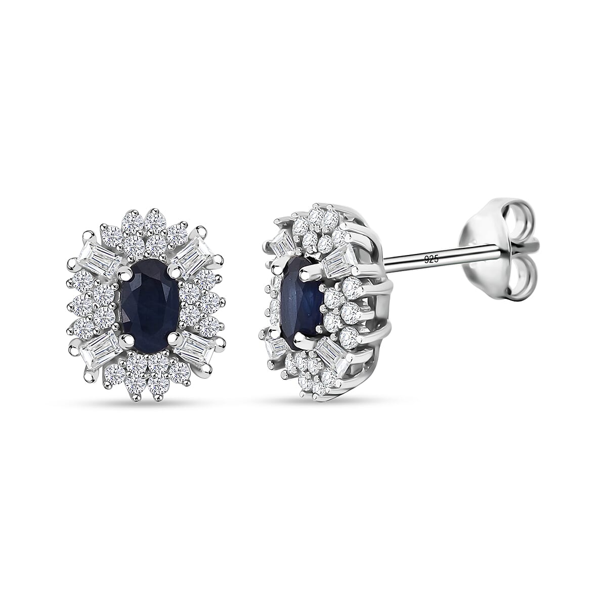 D'Joy Premium Kanchanaburi Blue Sapphire and Moissanite 1.00 ctw Midnight Halo Earrings in Rhodium Over Sterling Silver