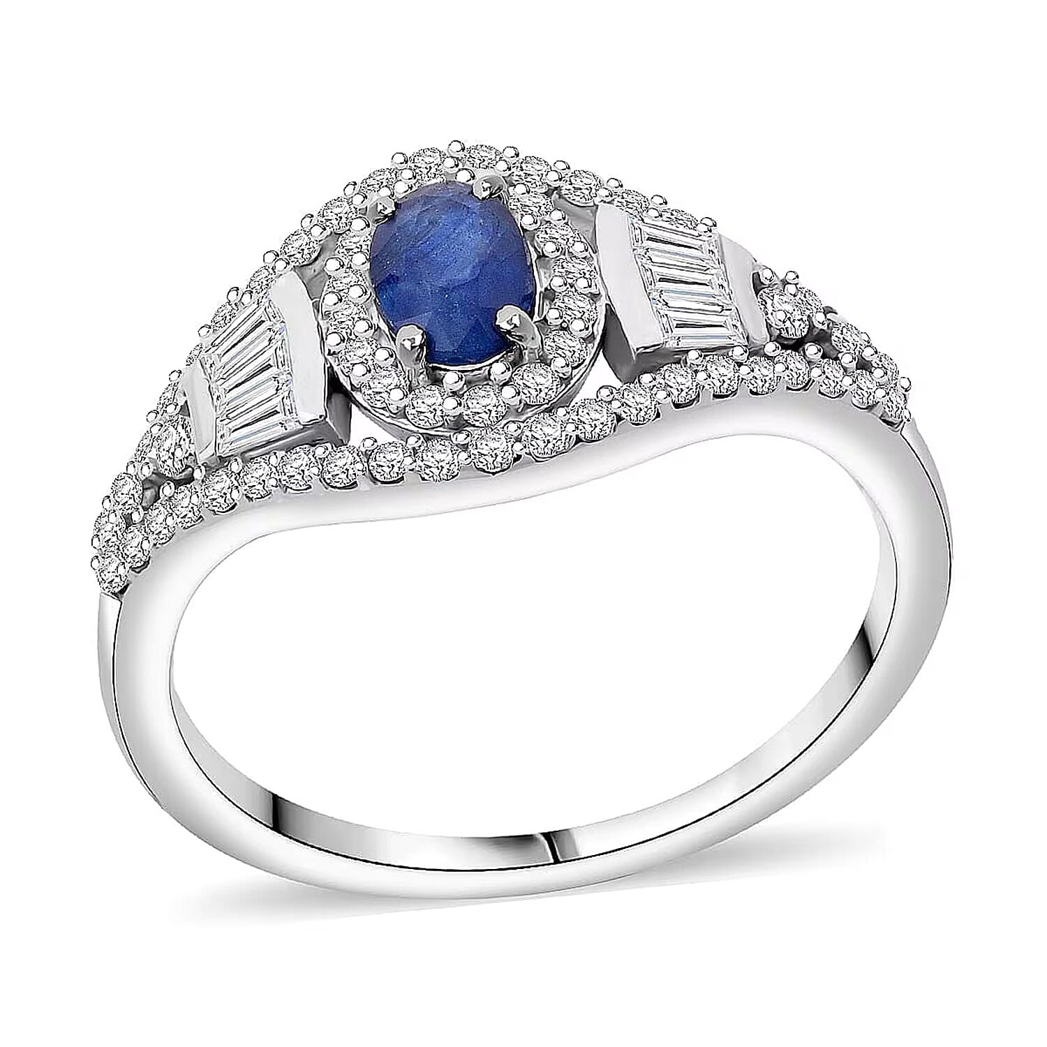 Premium Kanchanaburi Blue Sapphire, Moissanite Ring in Rhodium Over Sterling Silver (Size 10.0) 1.15 ctw