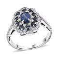 Premium Kanchanaburi Blue Sapphire, Moissanite Ring in Rhodium Over Sterling Silver (Size 10.0) 1.50 ctw - Sticky add to cart bar