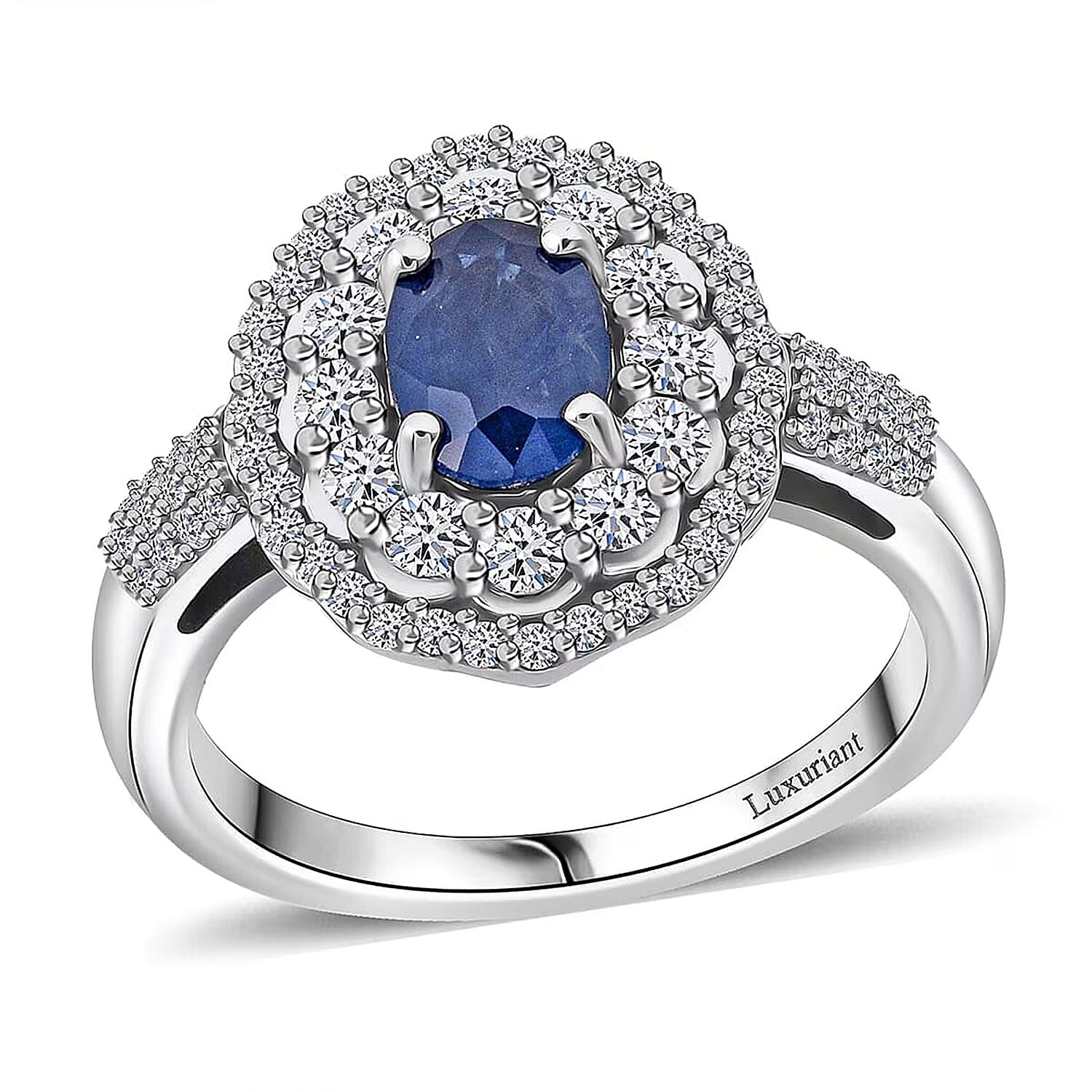 10K White Gold Premium Kanchanaburi Blue Sapphire, Luxuriant Lab Grown Diamond (SI) (0.65 cts) Ring (Size 10.0) 1.65 ctw